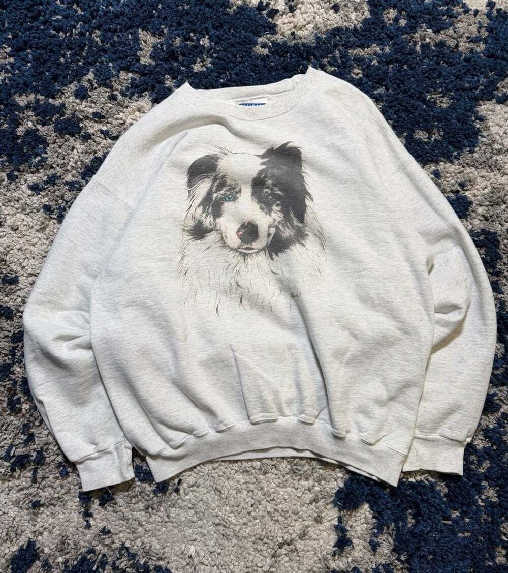 Hanes Australian Shepherd Graphic Sweatshirt Size M Grey Dog Print